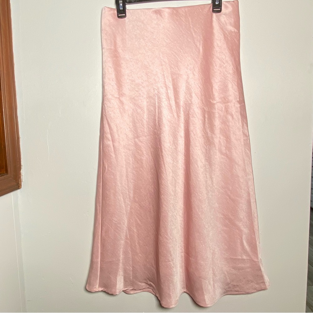 MWT Silky Pink Slip Skirt Capsule Midi Pull on  Elegant Women's Skirt L Flowy